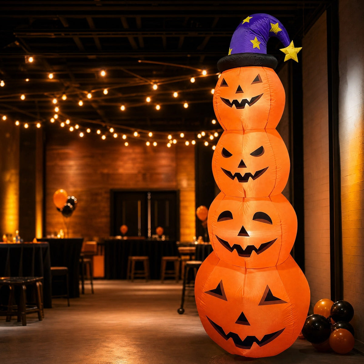 8FT Halloween Inflatable Pumpkin Decoration, Stacked Pumpkin Tower with Wizard Hat and LED Lights, Waterproof Outdoor Yard Blow Up Decor for Front Porch Garden Party Haunted House Display