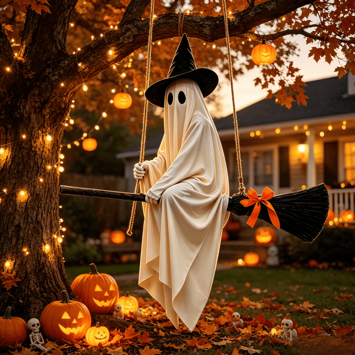 51.97 in Halloween Hanging Ghost Decor on Broom, Swing Ghost with Witch Hat, Light Up Ghost with Remote Control, LED Glowing Ghost Ornament for Tree Porch Yard Indoor Outdoor Haunted House Decor,A