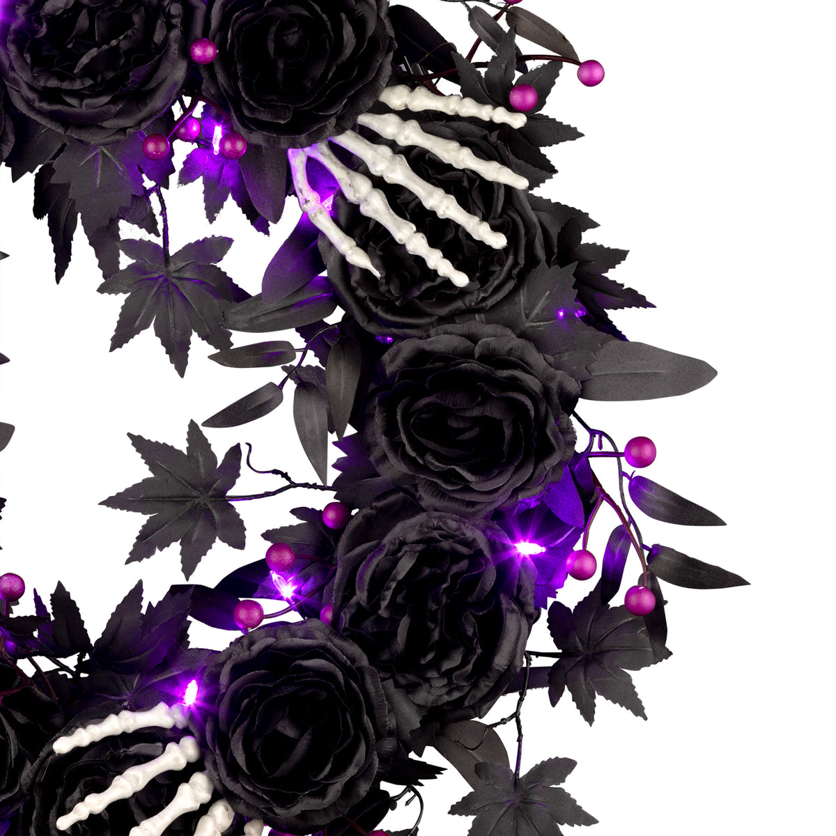 24 in. Artificial Bad to the Bone Halloween Wreath, 30 Purple LED Lights, Battery Operated, Timer