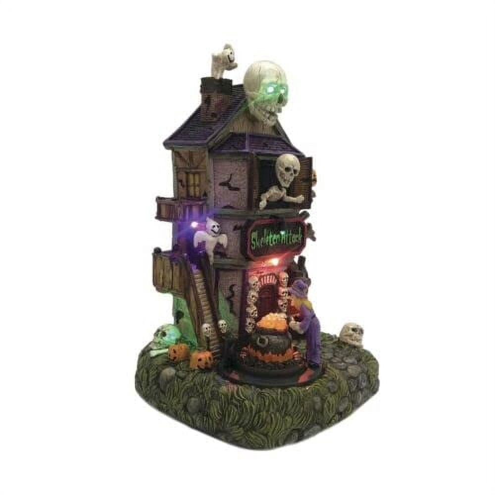 11" Animated Musical Skeleton Attack Village Building Tabletop Halloween Deco