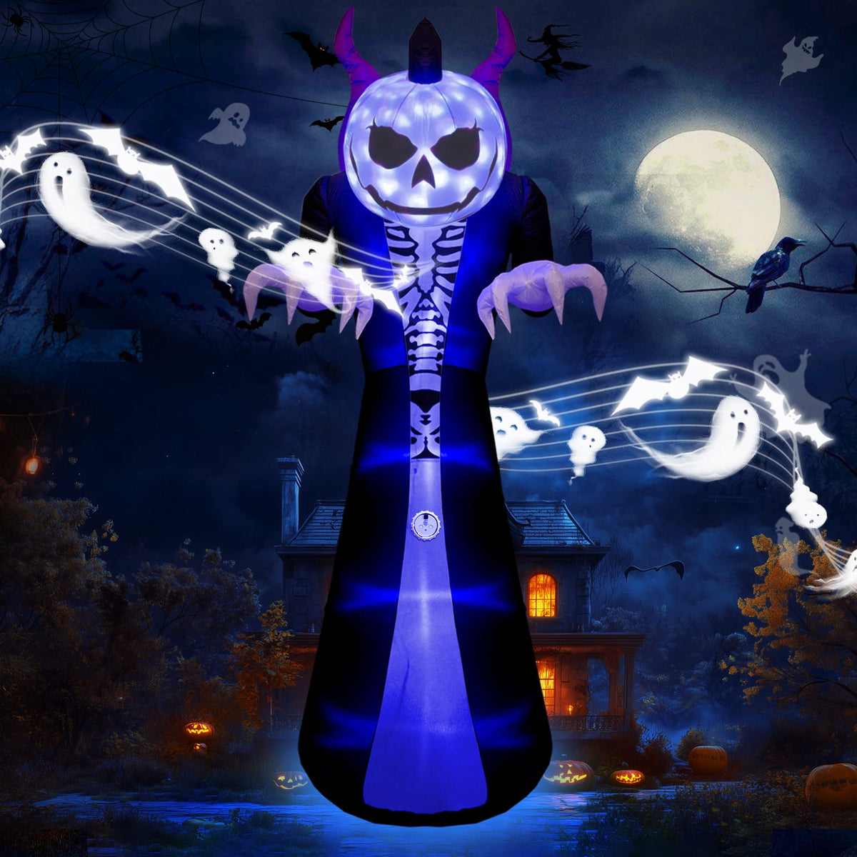 10FT Halloween Inflatable Outdoor Decoration 7 Color RGB Light, Scream Sound Grim Reaper Ghost Halloween Inflatables with Pumpkin Head, Blow Up Yard Decorations for Holiday Party Garden