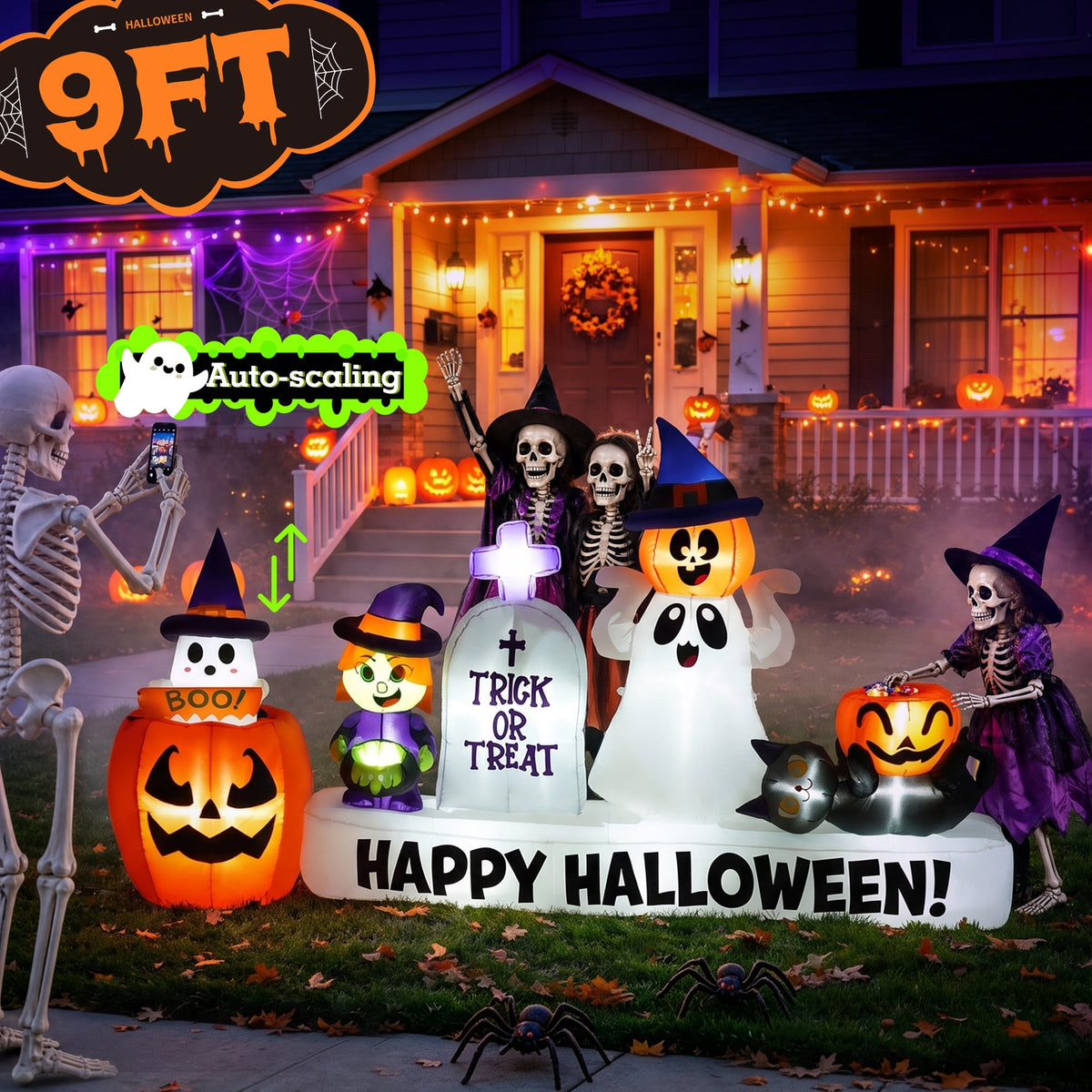 BSHAPPLUS® 9 ft Halloween Pumpkin UFO Inflatable,Walk-in Inflatable Yard Decor with Levitating Cow,Built-in LED Lights,Outdoor Blow up Decor for Lawn Garden Party,19.7ft Extra-Long Power Cord