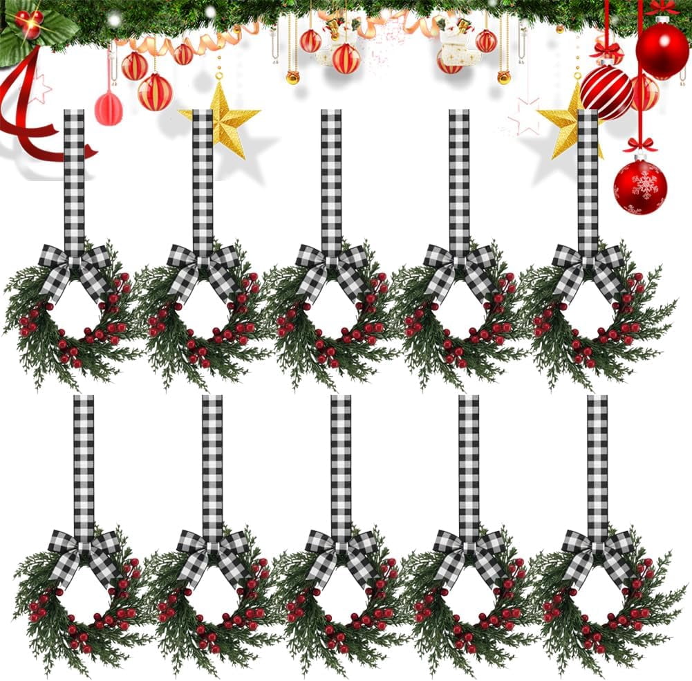 Christmas Mini Wreaths, Set of Small Artificial Pine Cabinet Rings with Bows & Berries, Holiday Door & Window Decor, Hanging Indoor Outdoor Christmas Decorations (Black/Red Check, 10PCS)
