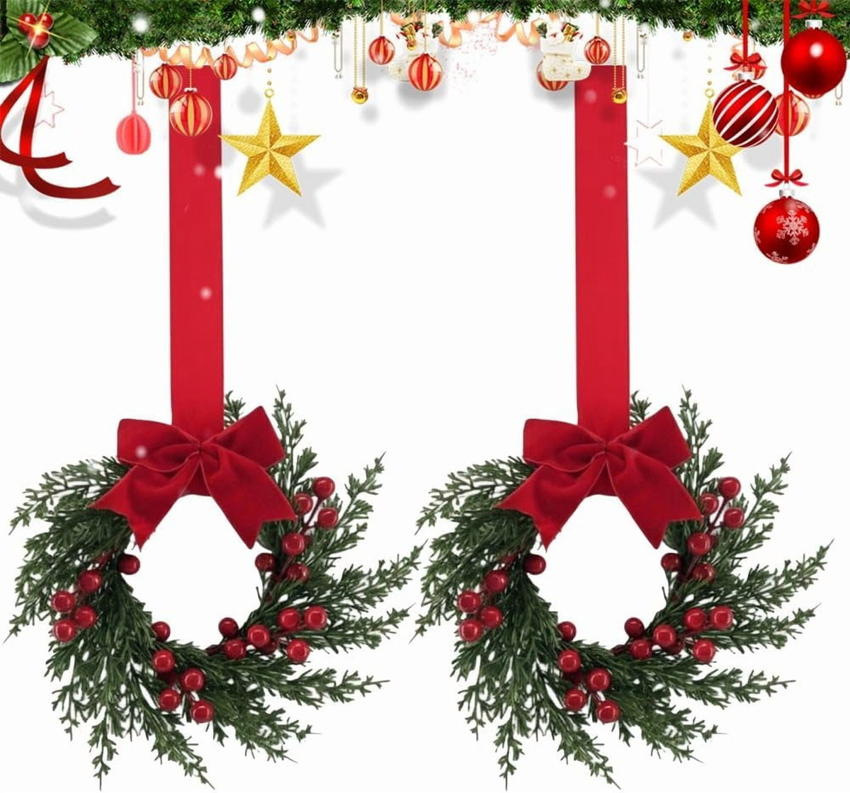 Christmas Mini Wreaths, Set of Small Artificial Pine Cabinet Rings with Bows & Berries, Holiday Door & Window Decor, Hanging Indoor Outdoor Christmas Decorations (Black/Red Check, 10PCS)