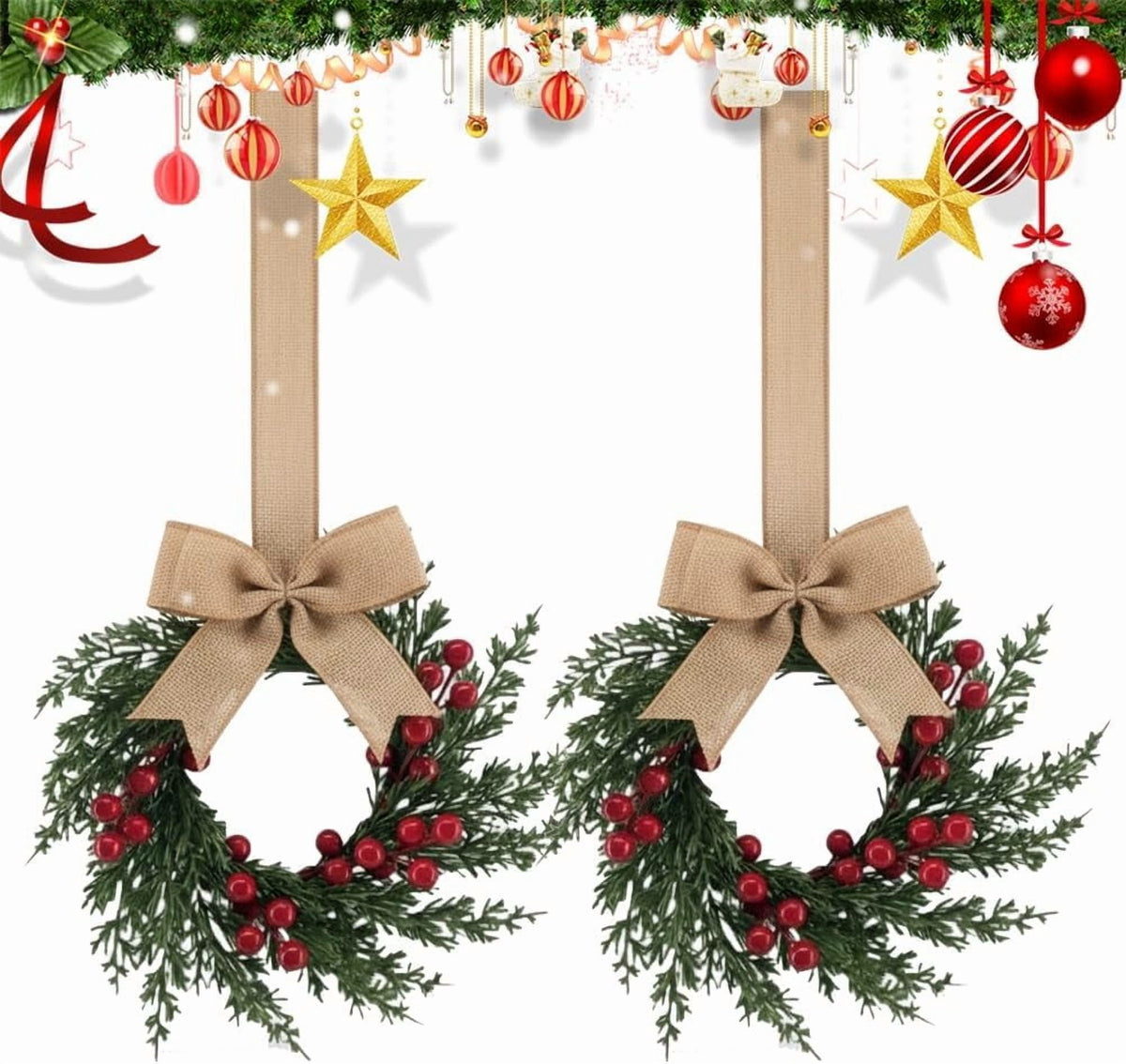 Christmas Mini Wreaths, Set of Small Artificial Pine Cabinet Rings with Bows & Berries, Holiday Door & Window Decor, Hanging Indoor Outdoor Christmas Decorations (Black/Red Check, 10PCS)