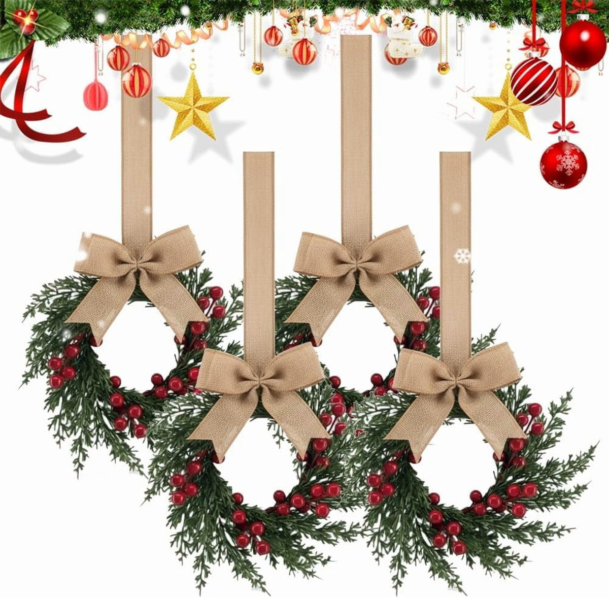 Christmas Mini Wreaths, Set of Small Artificial Pine Cabinet Rings with Bows & Berries, Holiday Door & Window Decor, Hanging Indoor Outdoor Christmas Decorations (Black/Red Check, 10PCS)
