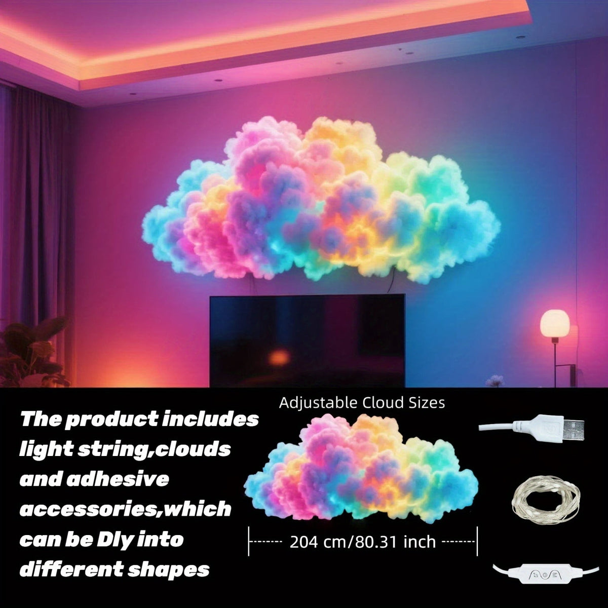 DIY 3D Thunder Cloud Lamp, Sound‑Activated Music Sync RGB Smart Light, USB‑Powered Lightning Effect Decor Light for Home, Party, Christmas, Halloween & Diwali Festival