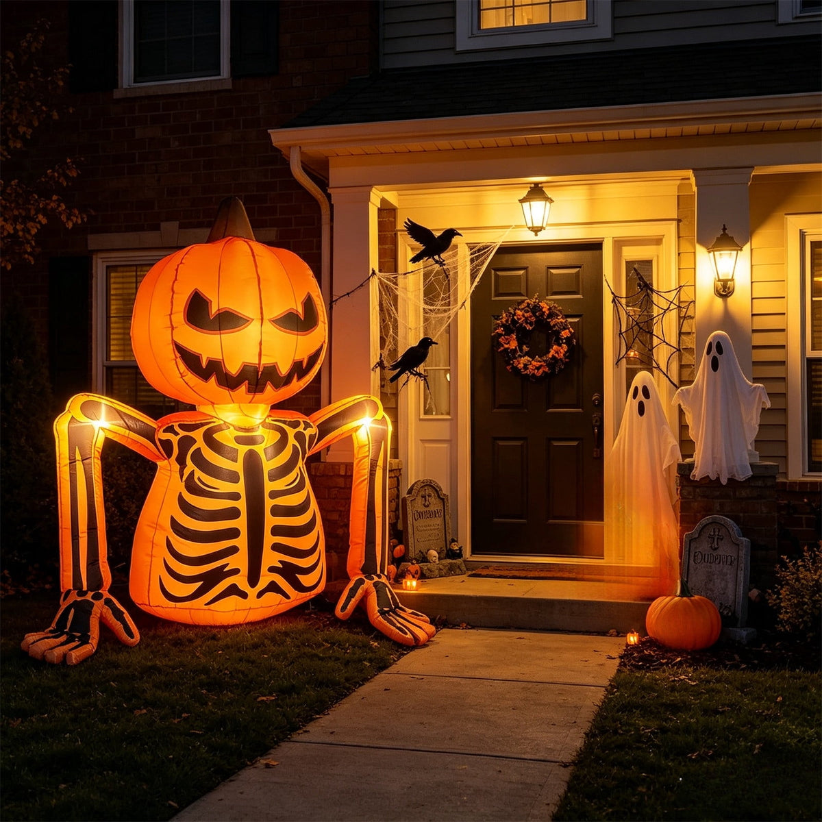 Diceymbol 6 Ft Lighted Halloween Inflatable Pumpkin Skeleton Decoration, Orange Jack O Lantern Skull Outdoor Yard Lawn Porch Halloween Decor