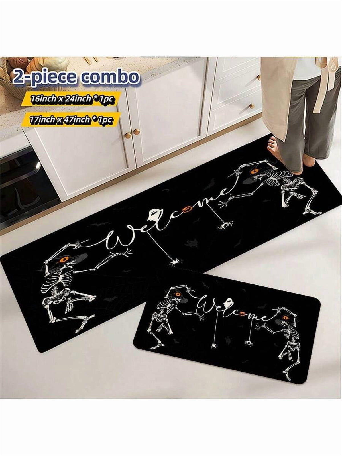 Halloween Skeleton Welcome Floor Mat Set - 2 Piece Black Polyester Non-Slip Kitchen & Entryway Mats (40x60+45x120cm)