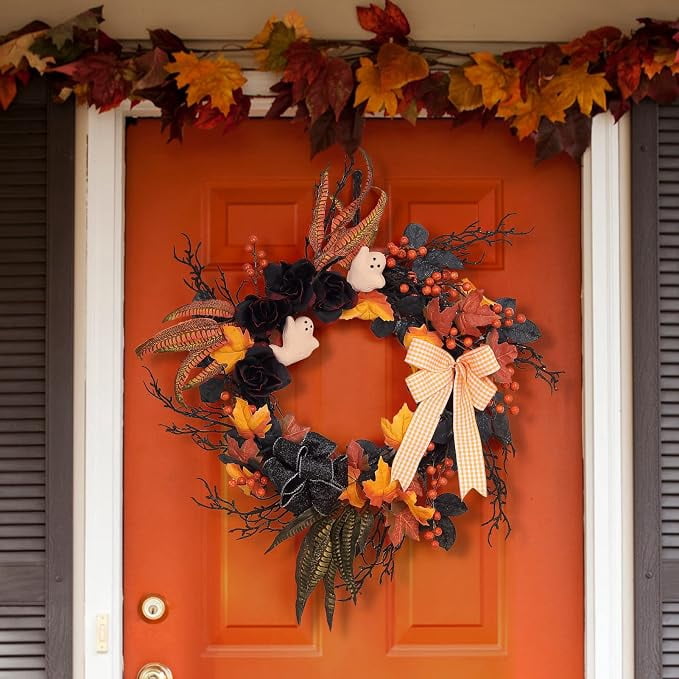 "halloween d rLinTimes Halloween Wreaths for Front Door, 26Inch Ghost Wreath with Ribbon Black Rose Maple Berries Feather for Indoor Outdoor Wall Window Front Door Porch Mantle Halloween D ration "