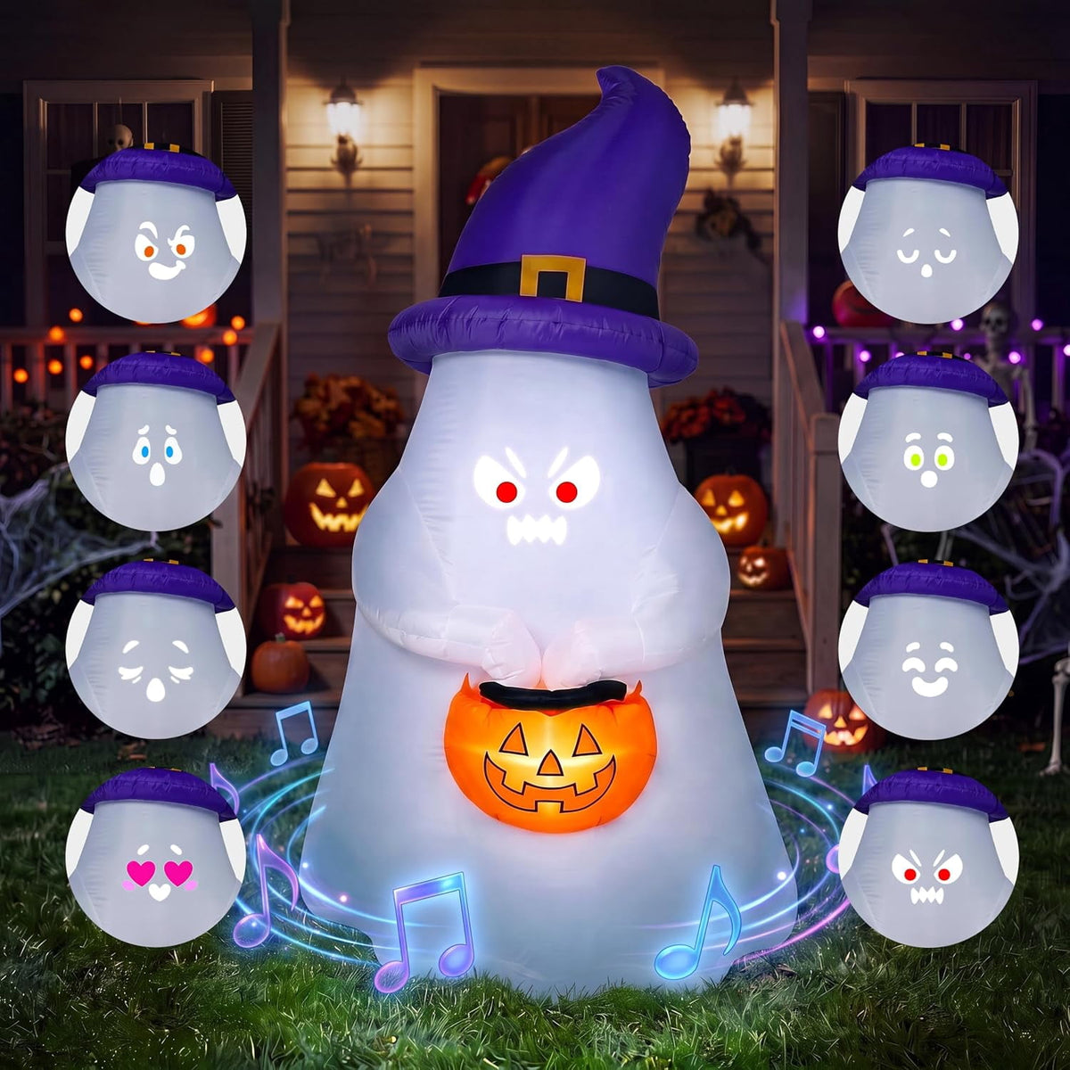 Joyfy 5 Ft Tall Halloween Inflatable Pumpkin,Blow Up Pumpkin with Projector Face and Music Lights,Outdoor Decorations for Yard,Garden,Lawn,Party