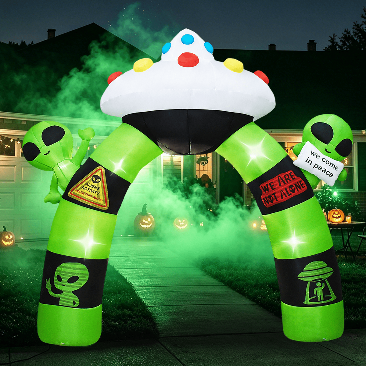 KINQUINN 10 FT Giant Halloween Inflatables Alien UFO Arch Outdoor Decorations, Blow Up Alien Archway with LED Lights, Blow Up Yard Decor for Garden, Lawn, Home, Indoor, Outside, Party, Porch
