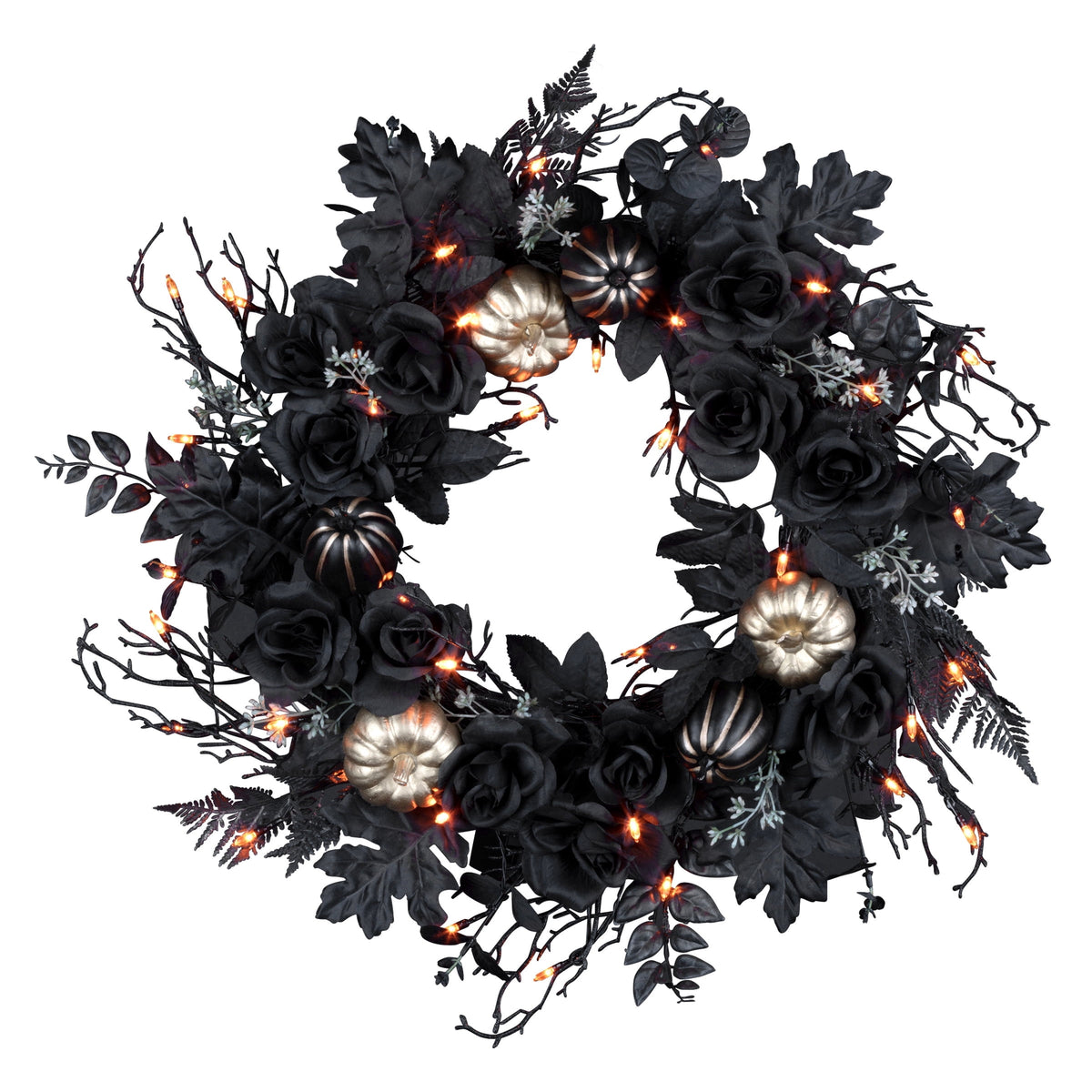 24 in. Artificial Chic Eek Black and Gold Halloween Wreath, 40 Orange LED Lights, Battery Operated