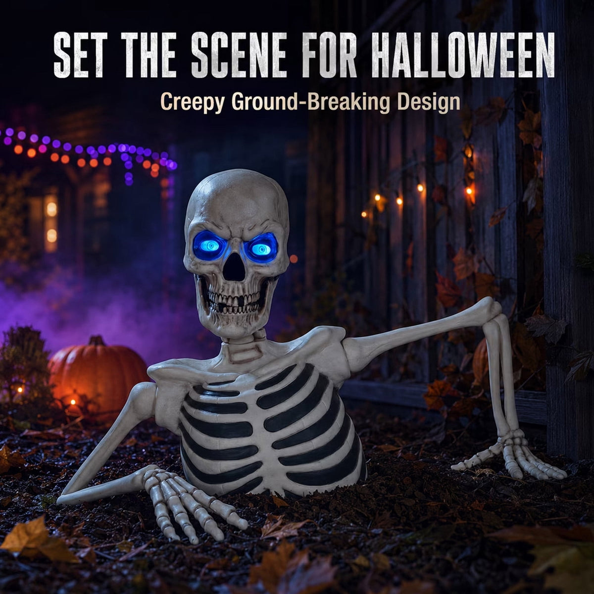 11.8in Halloween Groundbreaker Skeleton Light Up Blue Eyes Lighted Skeleton Bust Prop Outdoor Yard Graveyard Novelty Gift Decor