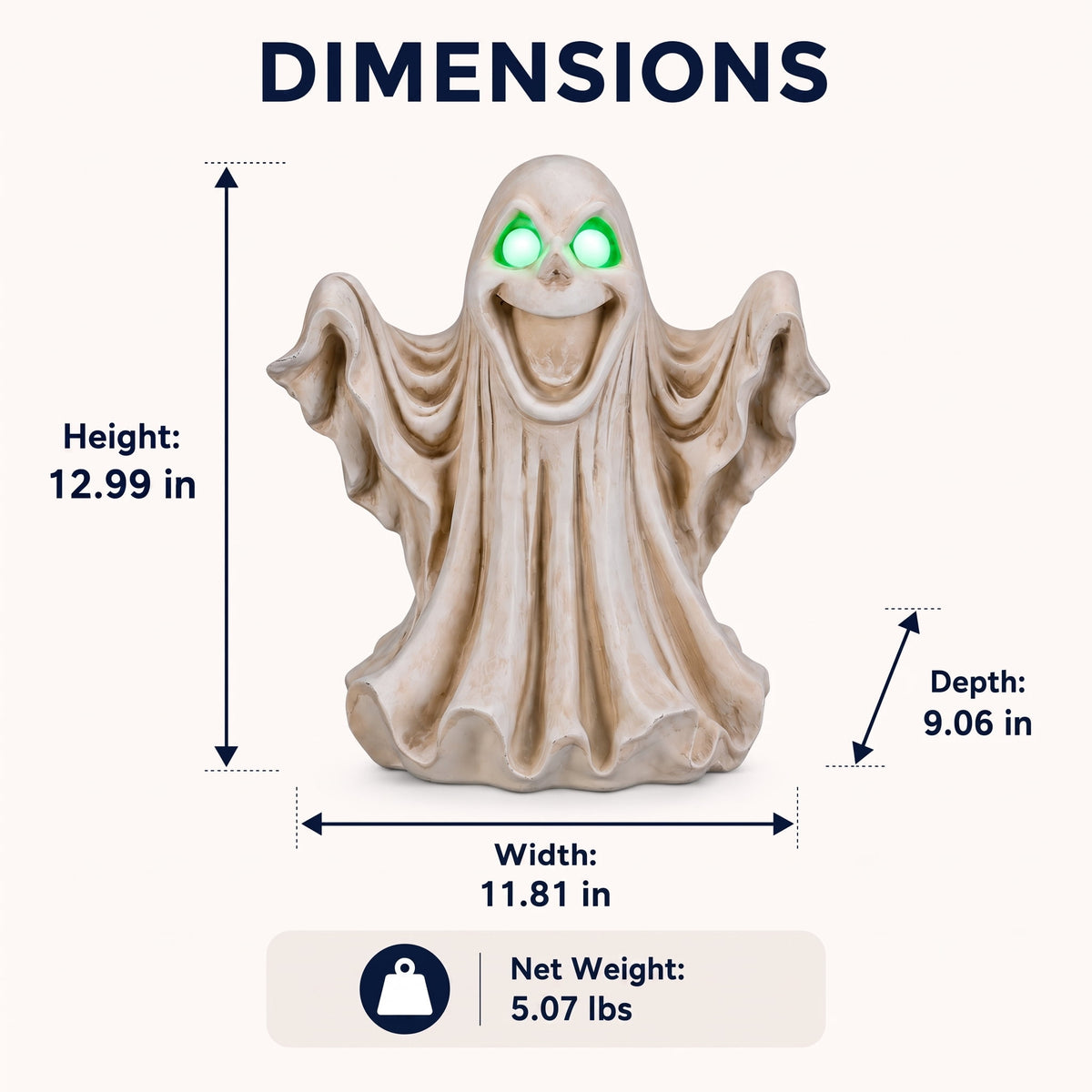Large 13-Inch Lighted Halloween Ghost Decoration, Resin Figurine with Green LED Eyes, Battery Operated Tabletop Statue for Mantel and Party