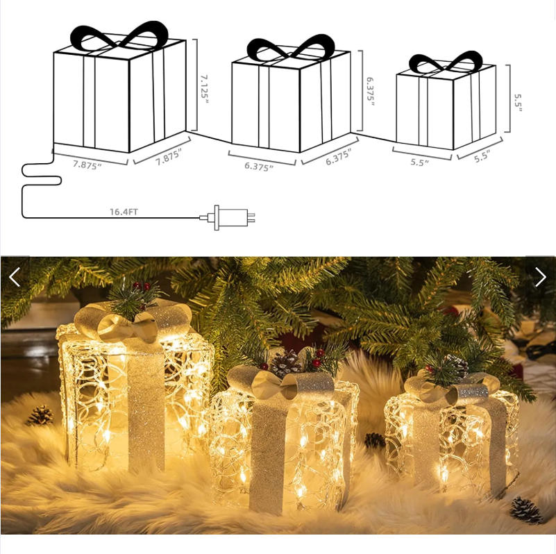 White Christmas Decorations, Set of 3 Christmas Lighted Gift Boxes, 48 LED Light Up Present Boxes for Indoor Outdoor Party Yard Home Holiday Decorations (White and Silver)