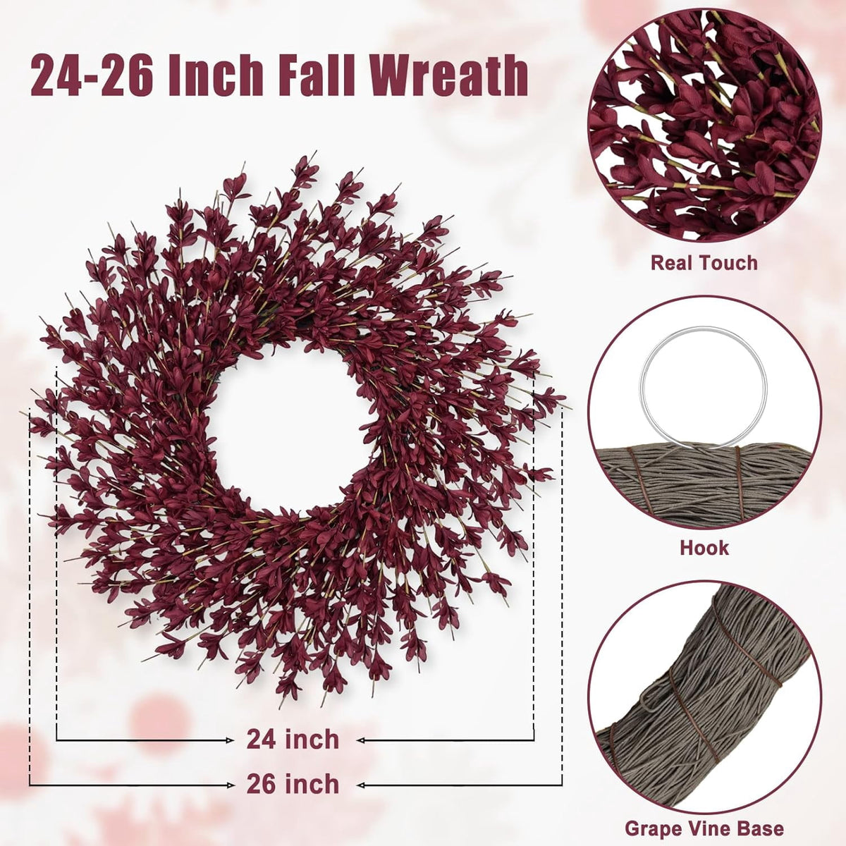 26 Inch Realistic Fall Wreaths for Front Door Outside Autumn Wreath Outdoor Indoors Fall Decorations for Home Thanksgiving Halloween Holiday Decorations Clearance for Wall Porch Door (Wine Red)