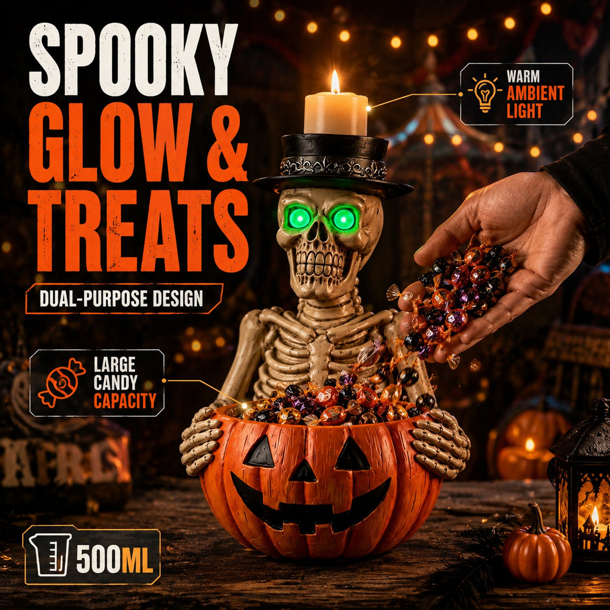 Skeleton Candy Bowl Light Up Green Eyes Top Hat Candle Holder