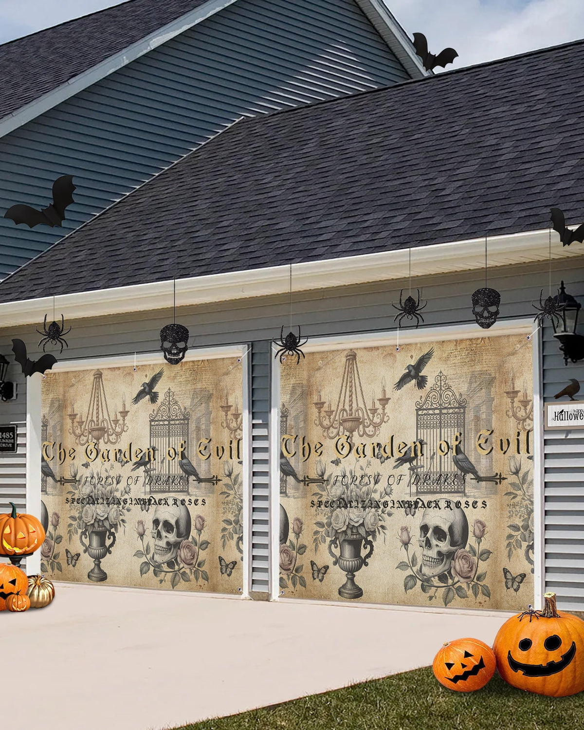 Vintage Skeletons Head Garage Door Banner Cover 7 x 16 ft Crows Halloween Rose Flower Candle Holders Garage Door Decoration Hanging Garage Door Cover Backdrop Wall Decoration for Outdoor Home Party