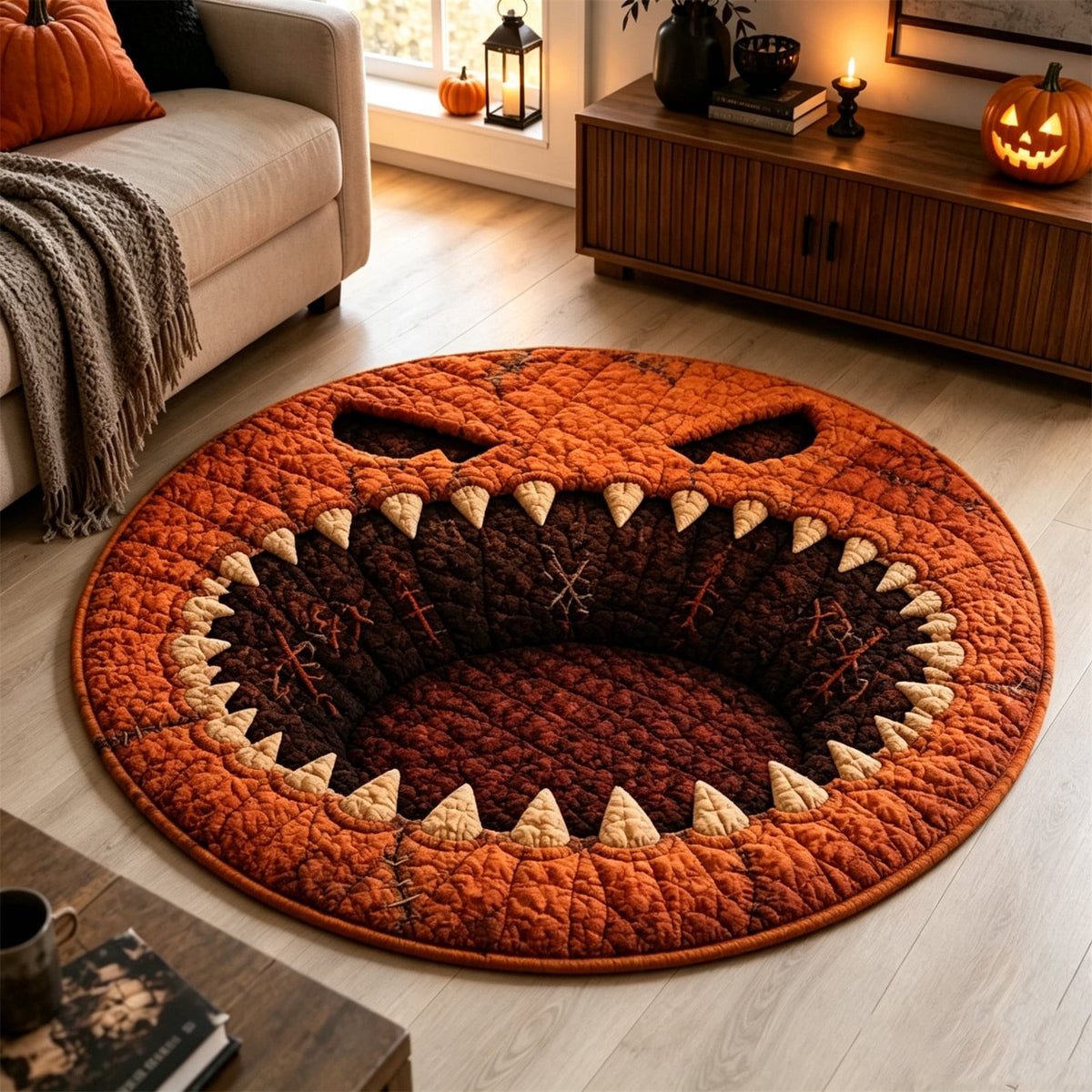 2Pcs 3D Circular Halloween Doormat – Monster Pumpkin Face With Sharp Teeth, Non-Slip Polyester Round Mat For Indoor/Outdoor, Spooky Cute Fall Decor, Perfect Gift For Halloween Lovers (72X72")