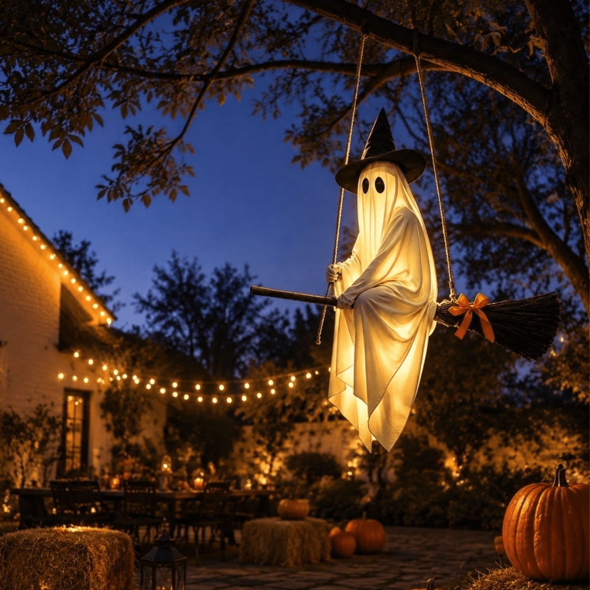 51.97 in Halloween Hanging Ghost Decor on Broom, Swing Ghost with Witch Hat, Light Up Ghost with Remote Control, LED Glowing Ghost Ornament for Tree Porch Yard Indoor Outdoor Haunted House Decor,A