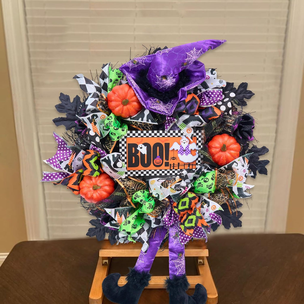 Halloween Wreath for Front Door,20 inch Whimsical mesh Wreath with Witch | Fun whimsical witch design,purple‑green‑orange palette,outdoor porch,wall & indoor decor,festive Halloween home decoration