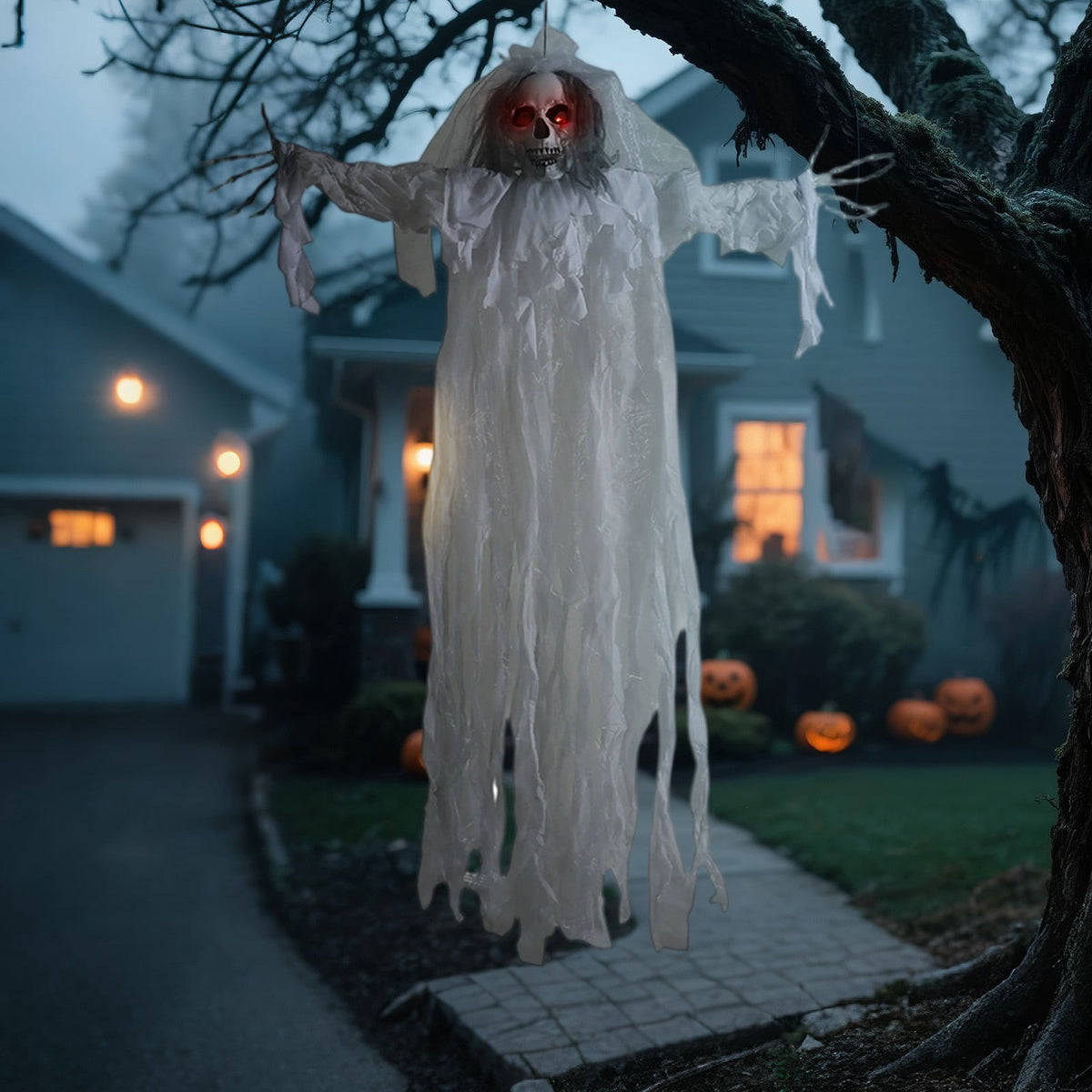 XHKUYI Halloween Hanging Skull Ghost Decoration 59 inches, Sound Activated Hanging Skeleton Ghost with Red Glowing Eyes, Tattered White Gauze Ghost for Yard Tree, Haunted House, Bar & Party Decor