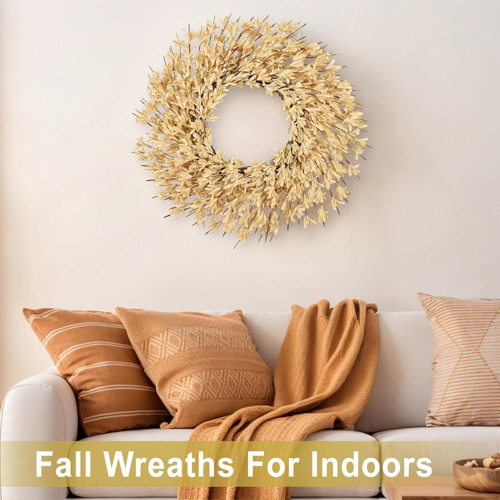 26 Inch Realistic Fall Wreaths for Front Door Outside Autumn Wreath Outdoor Indoors Fall Decorations for Home Thanksgiving Halloween Holiday Decorations Clearance for Wall Porch Door (Wheat)