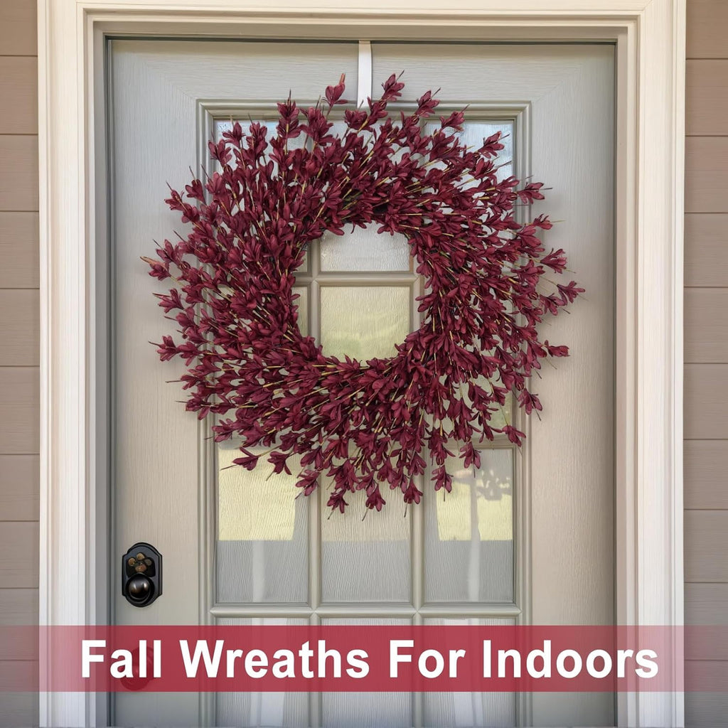 26 Inch Realistic Fall Wreaths for Front Door Outside Autumn Wreath Outdoor Indoors Fall Decorations for Home Thanksgiving Halloween Holiday Decorations Clearance for Wall Porch Door (Wine Red)