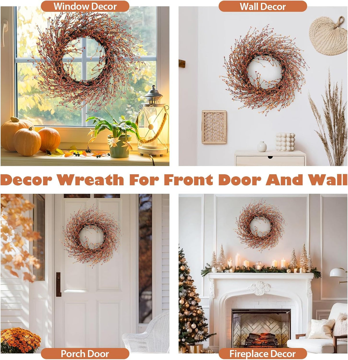 24 Inch Fall Wreath for Front Door with Large Grapevine, Orange Pip Berry Wreath for Fall Door Decor, Autumn Wreaths for Farmhouse Wall Window Home and Halloween Christmas Thanksgiving Decoration