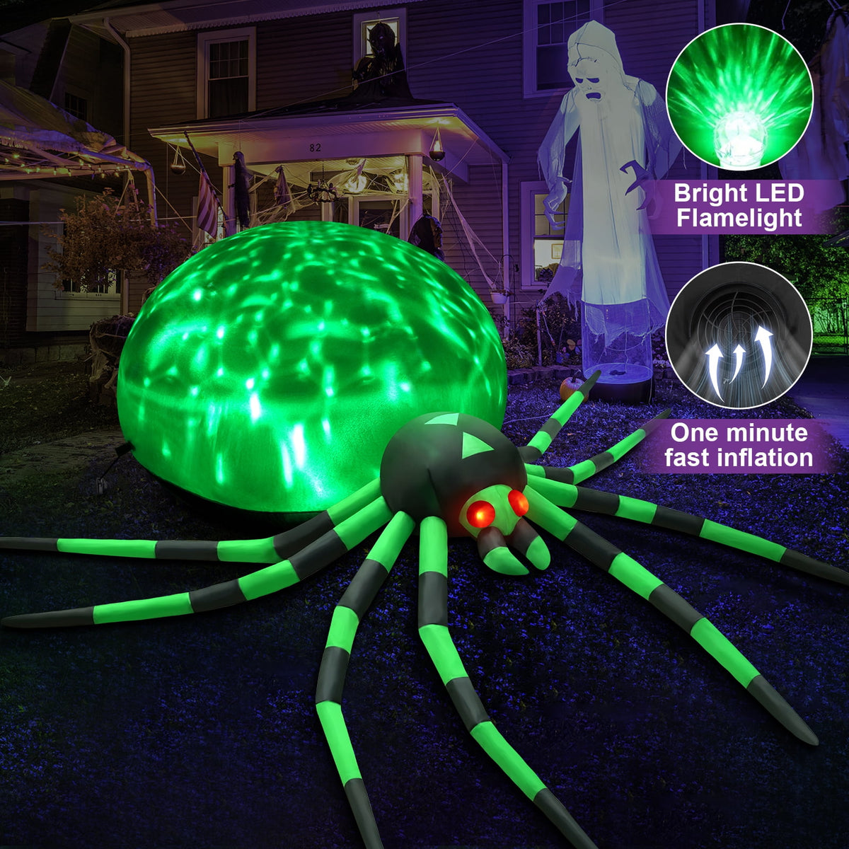 Yexmas 12FT Halloween Inflatables Outdoor Decorations Giant Spider Decorations with LED Lights and Air Pump Blow up Inflatable Green