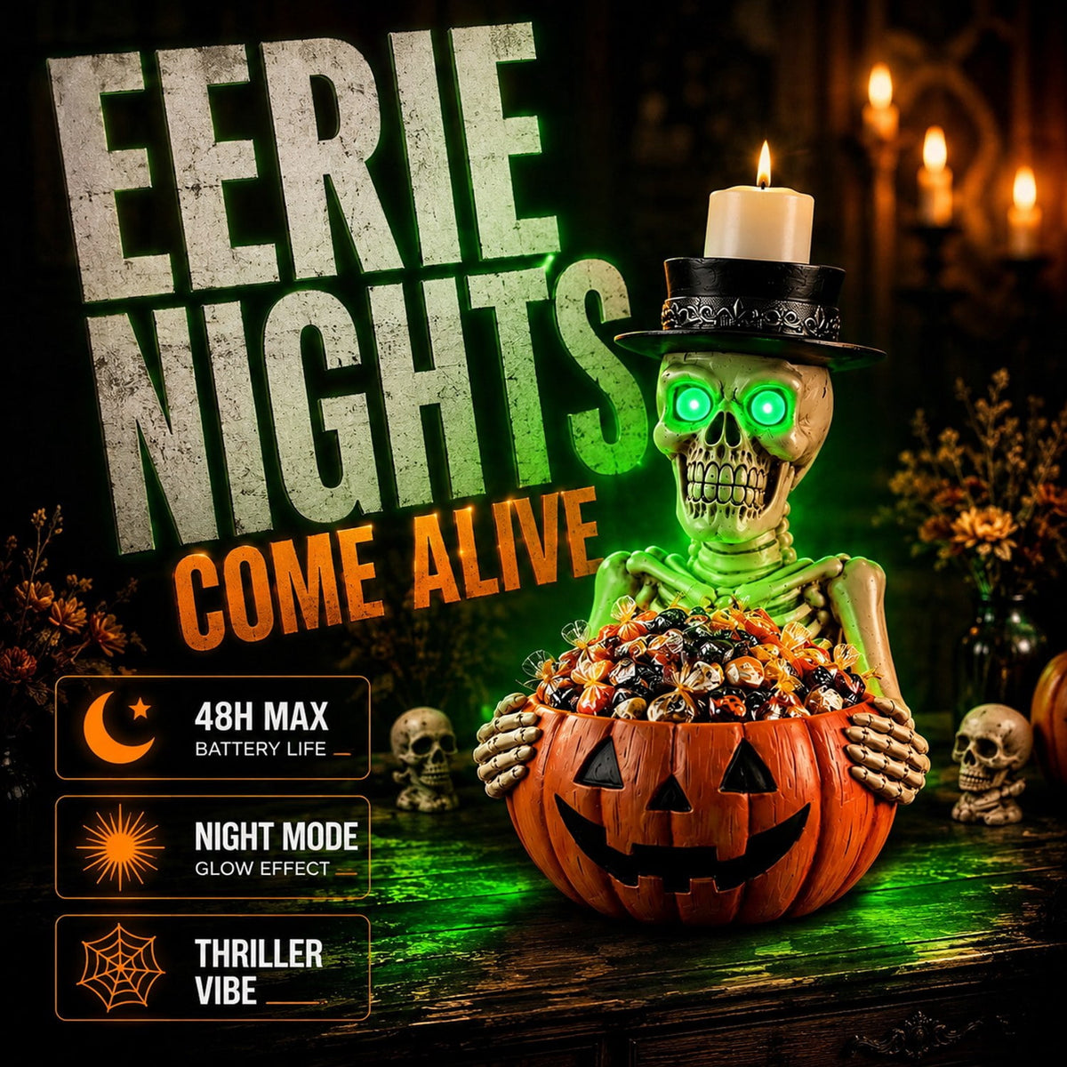 Skeleton Candy Bowl Light Up Green Eyes Top Hat Candle Holder