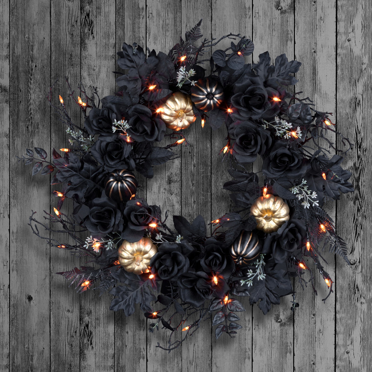 24 in. Artificial Chic Eek Black and Gold Halloween Wreath, 40 Orange LED Lights, Battery Operated