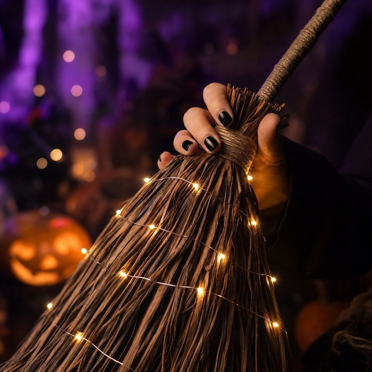 Halloween Light-Up Witch Decoration, Glowing Broomstick Prop with Built-in LED Lights, Sturdy Iron Frame for Indoor Outdoor Party Decor, Ready-to-Display Festive Accent for Haunted House