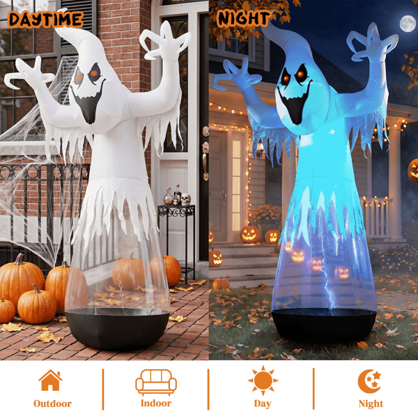 Alvantor 12 ft Clear PVC Ghost Halloween Inflatable with 2 LED Lights and Stage Light, Black and White