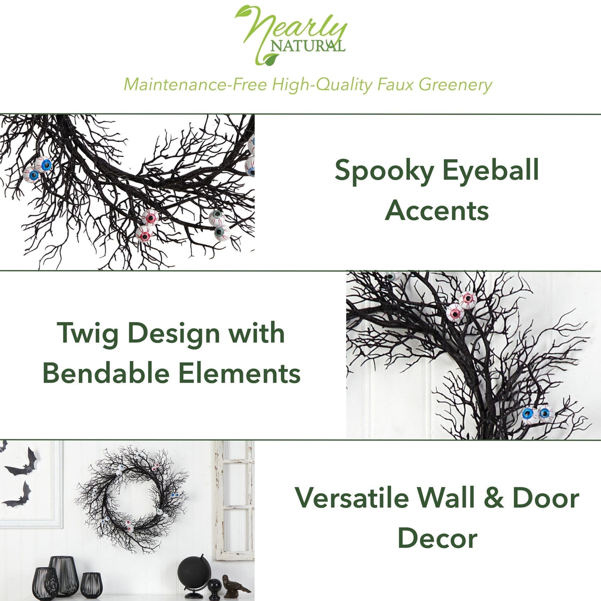 Nearly Natural 30in. Halloween Gazing Eyeballs Twig Wreath