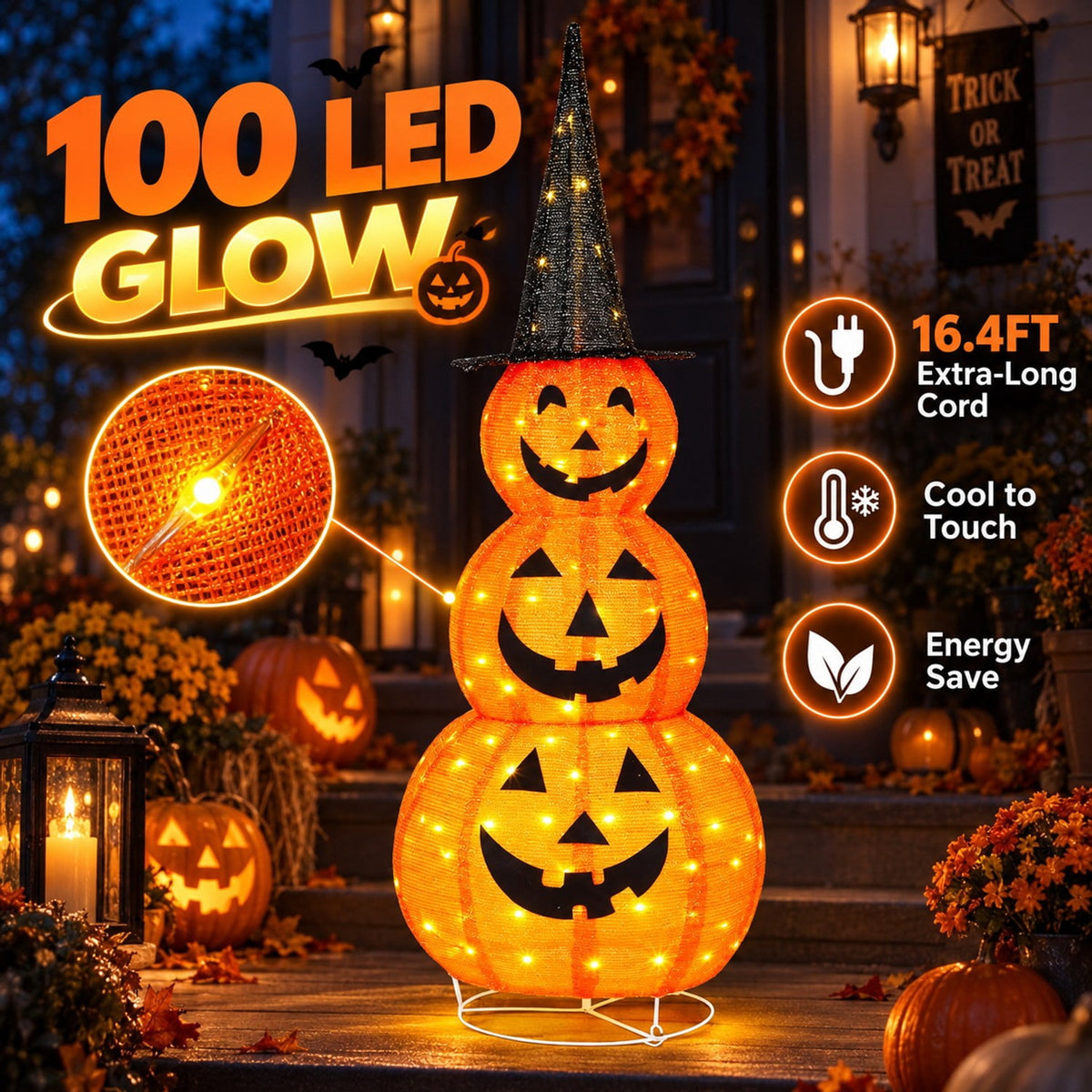 5ft Lighted Halloween Pumpkin Stack with 100 LEDs