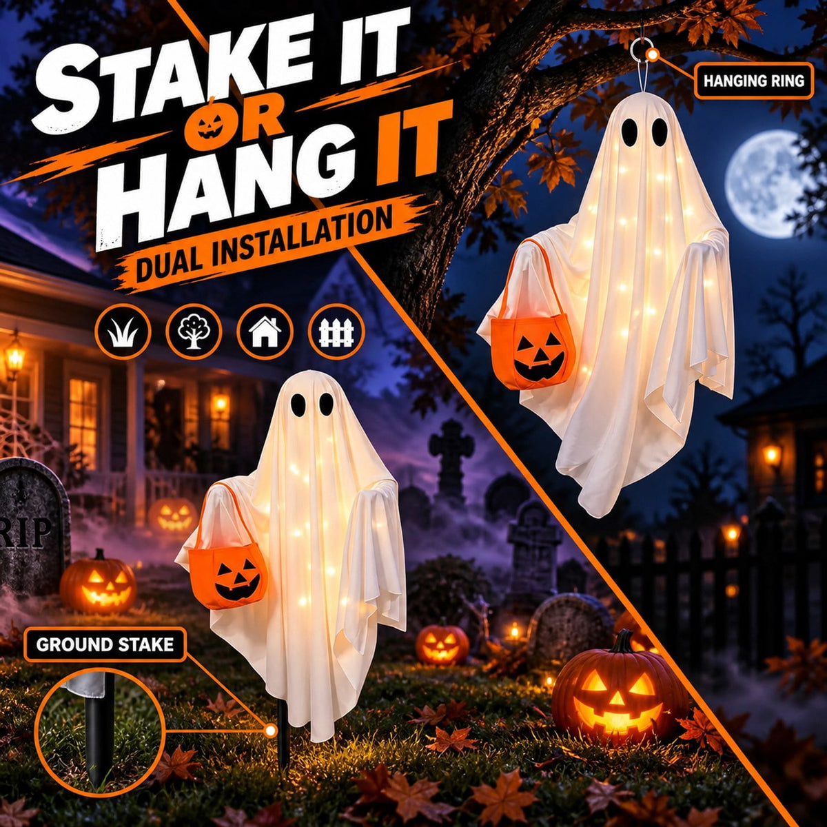 Solar Halloween Ghost Lights IP65 Waterproof 30 LED 2 Pack
