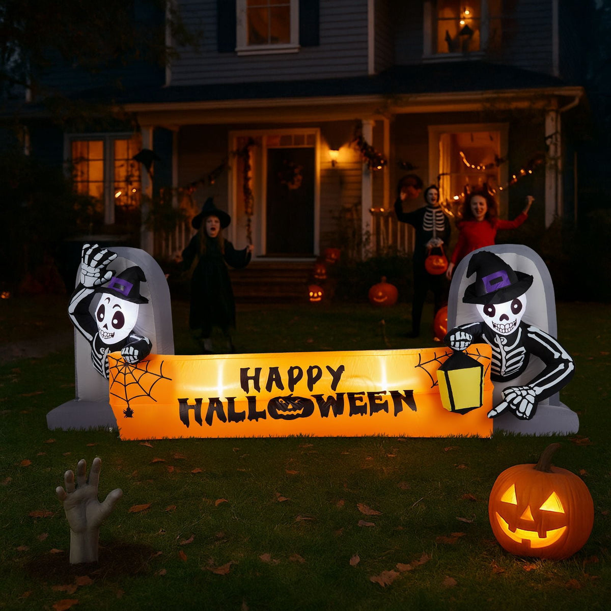 9.6FT Inflatable Skeleton Holding Happy Halloween Banner with LED Lights for Yard Garden Party