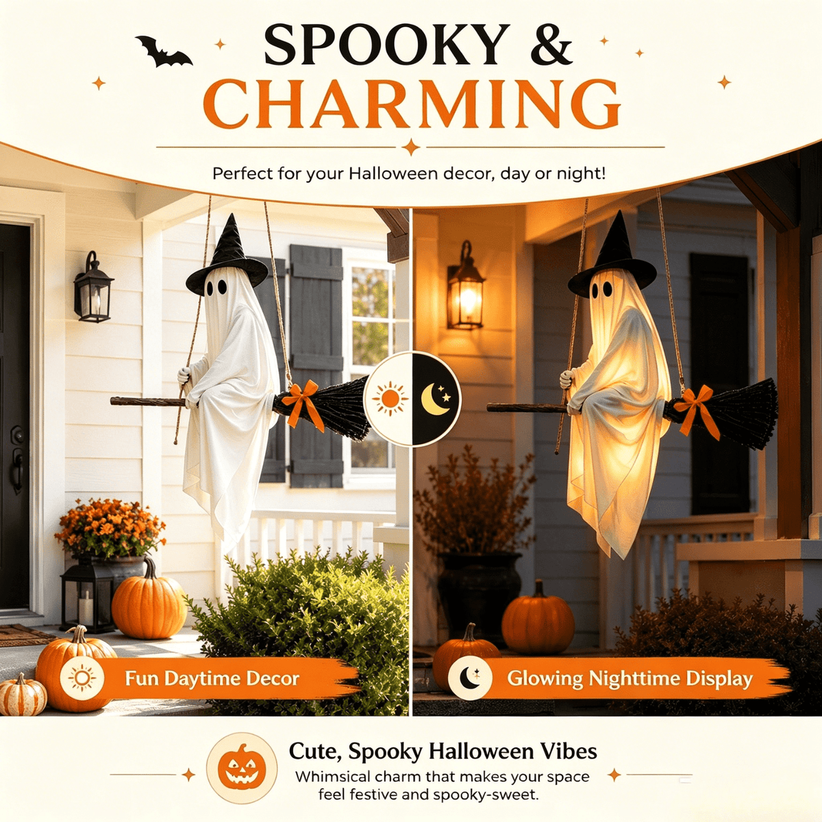 51.97 in Halloween Hanging Ghost Decor on Broom, Swing Ghost with Witch Hat, Light Up Ghost with Remote Control, LED Glowing Ghost Ornament for Tree Porch Yard Indoor Outdoor Haunted House Decor,A