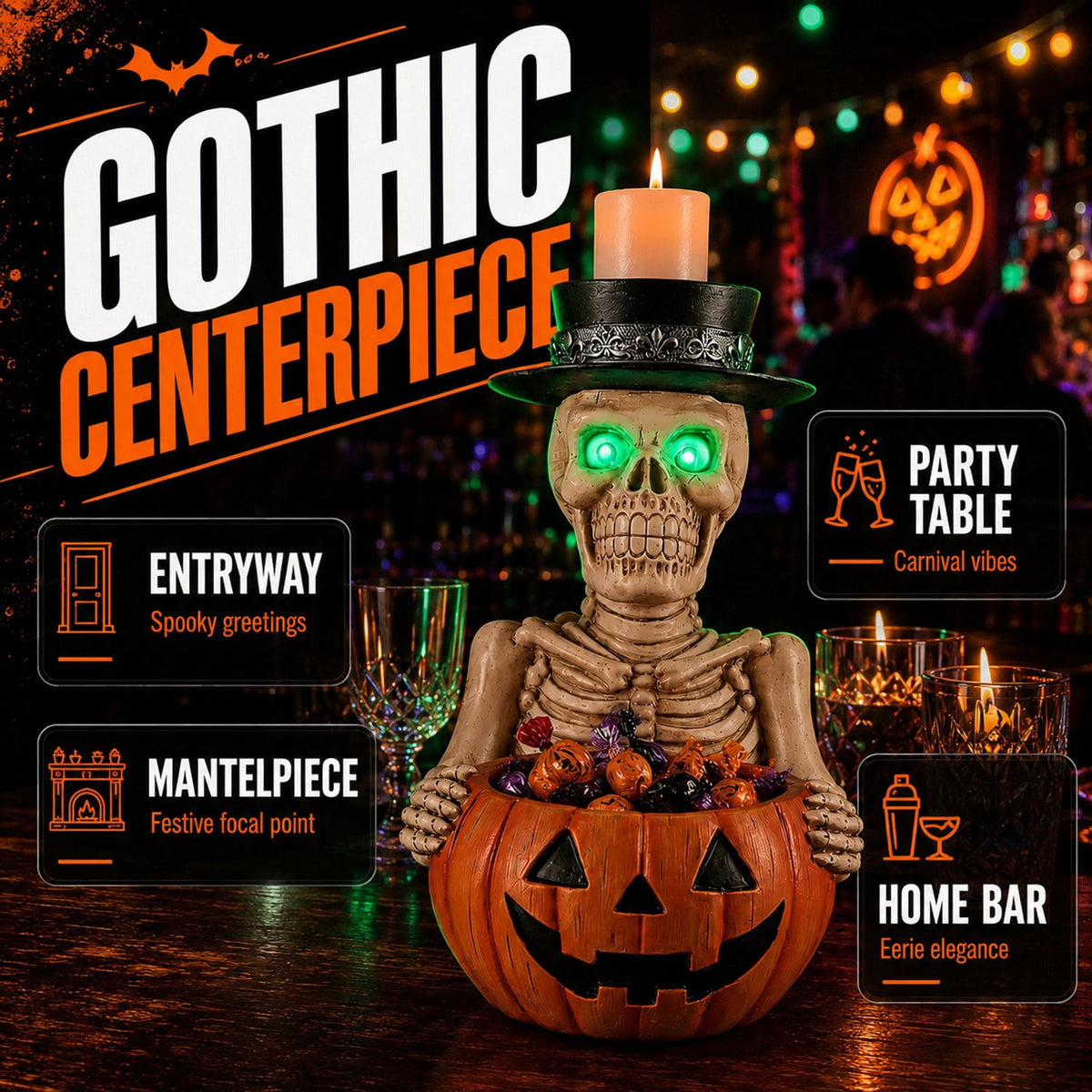 Skeleton Candy Bowl Light Up Green Eyes Top Hat Candle Holder