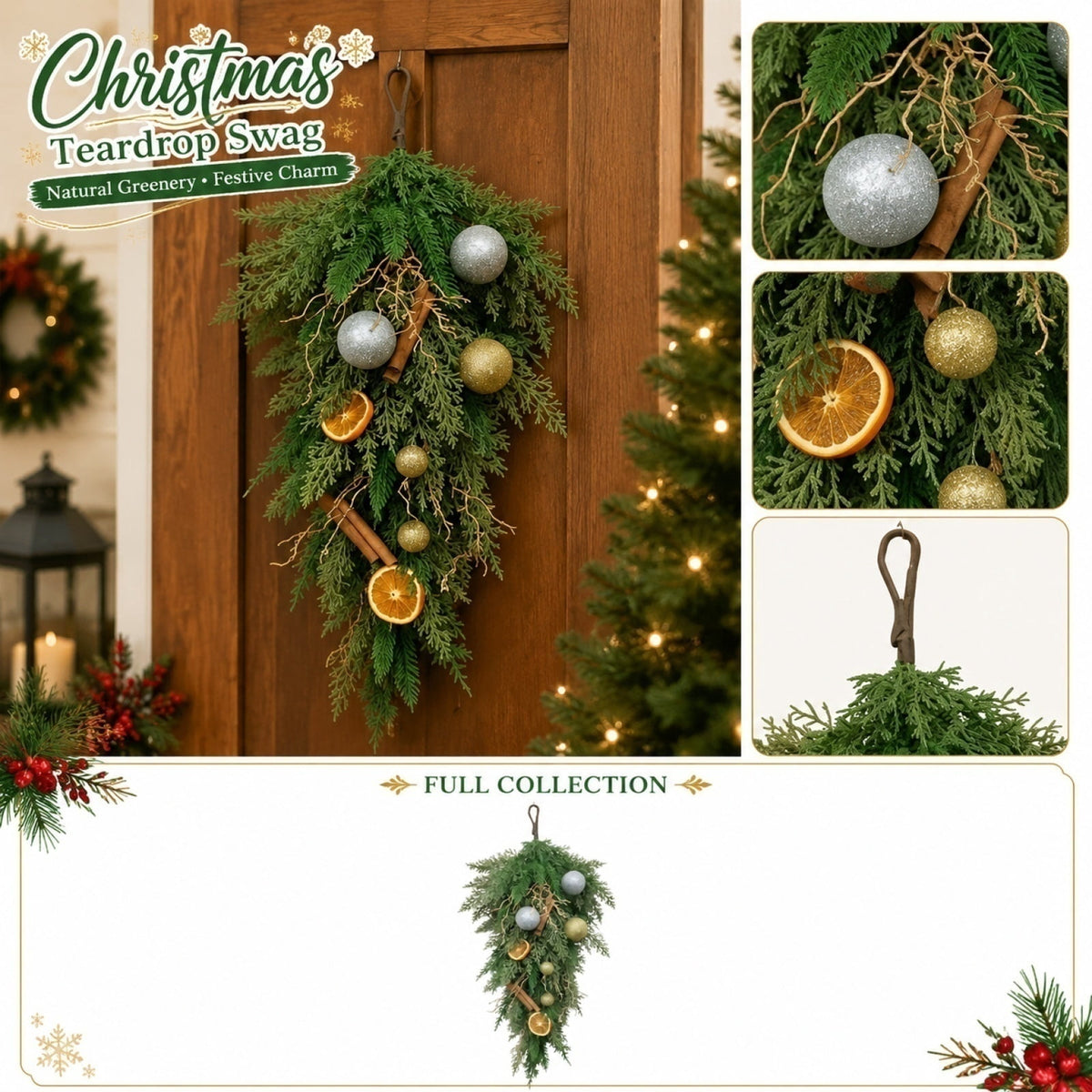 Christmas Pine Wreath, Outdoor Christmas Decorations, Xmas Door Wreath for Home, Holiday, Party, Fireplace, Mantle, Wall, Windows Decor
